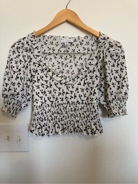 Topshop Black Floral Smocked Crop Top on White
